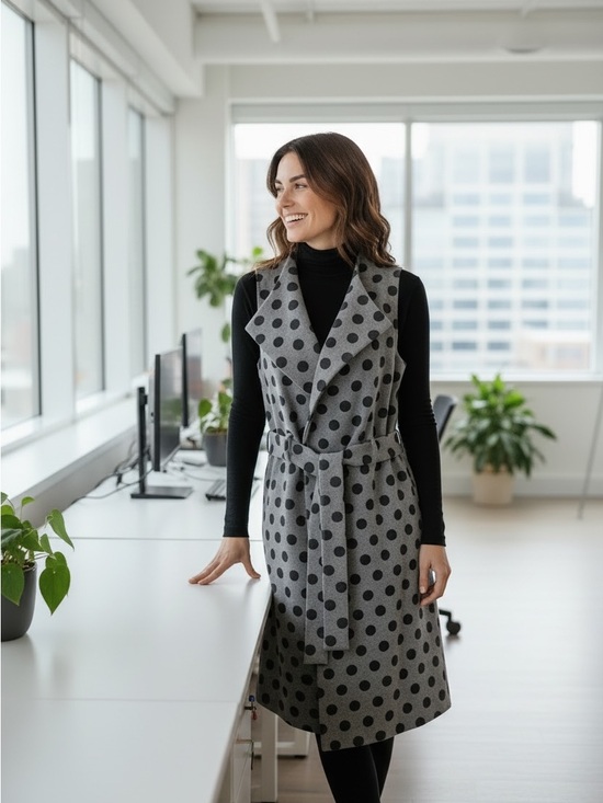 Beni Vie Other - Polka Dot Sleeveless Long Vest in Gray with Belt